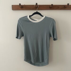 KOTN Blue Ribbed Tee with White Neckline